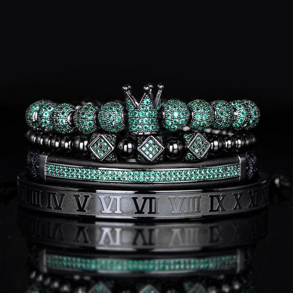 Bracelets 4/Set Black Crown with Roman numeral  8MM Colored Cubic Micro Pave CZ Ball Charm Braided Braiding Man Luxury Jewelry