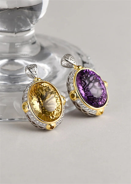 S925 Sterling Silver Pendant For Women Or Men New Fashion Noble Temperament Oval Natural Amethyst Yellow Crystal