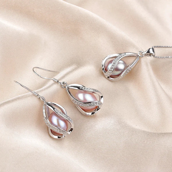Natural Freshwater Pearl In Cage Pendant Necklace Drop Earrings & Pendant Jewelry Set for Women