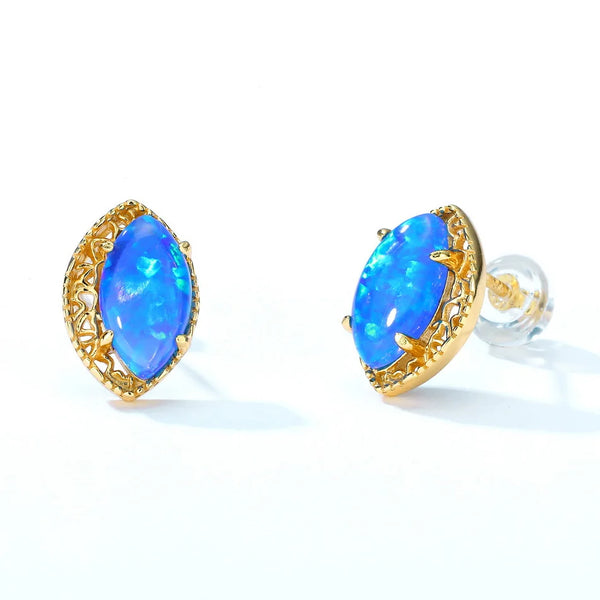 Solid 925 Sterling Silver Stud Earrings For Women Synthetic Japanese Blue Opal Marquise Vintage