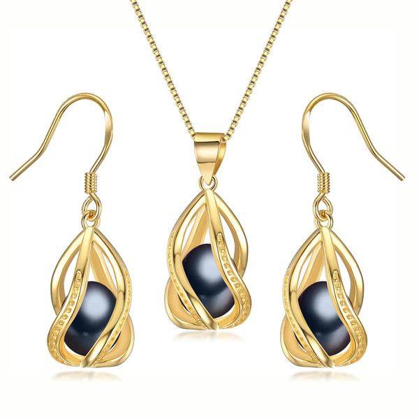 Natural Freshwater Pearl In Cage Pendant Necklace Drop Earrings & Pendant Jewelry Set for Women