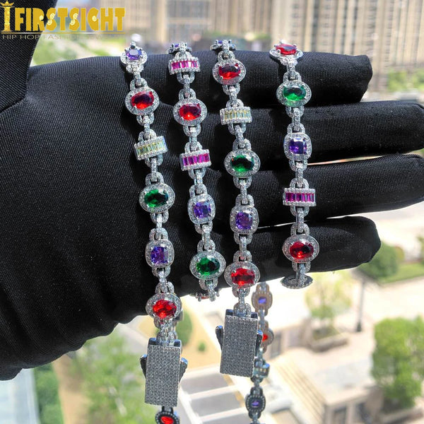 New Colour Oval Square Charm Necklace Silver Color Iced Out Cubic Zircon Cuban Chain Choker Women & Men Fashion Hip Hop Jewelry