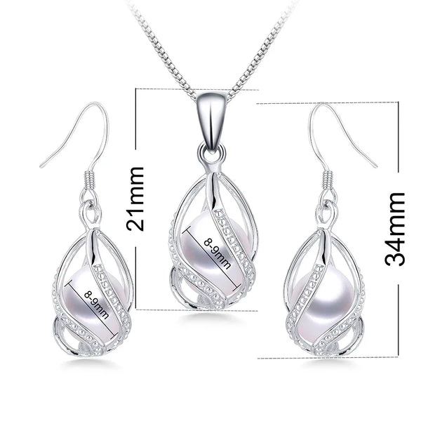Natural Freshwater Pearl In Cage Pendant Necklace Drop Earrings & Pendant Jewelry Set for Women