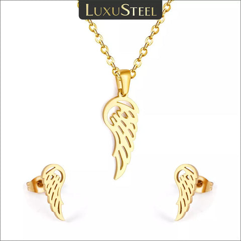 Gold Color Angel Wings Pendant Necklace For Women Jewelry Sets Stainless Steel Link Chain Collars