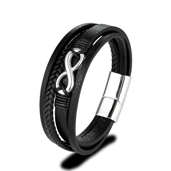 Classic Men & Women's Infinity Bracelet Woven Multilayer Braided Leather Bracelets Black Stainless Steel Jewelry Gifts