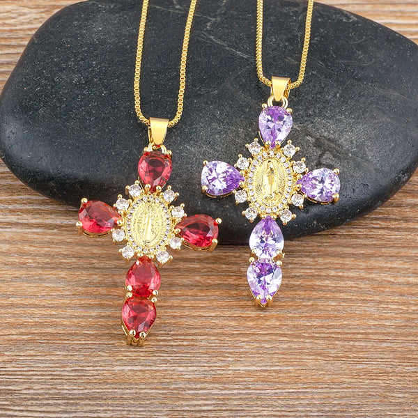 Women's Hip-hop Punk Style Zircon Cross Virgin Mary Pendant Necklace Fashion Chain Jewelry