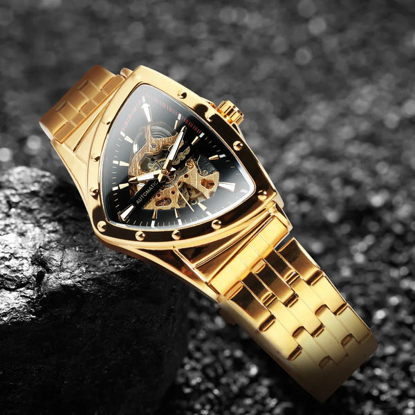 Triangle Skeleton Automatic Watch for Men Sports Luxury Mechanical Watches Gold Stainless Steel Strap Luminous