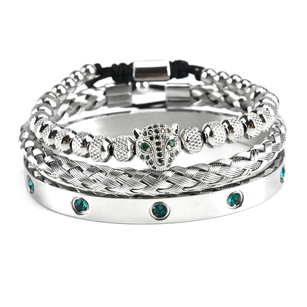 Luxury Set Green Eye Leopard Head Charm Handmade Unisex Bracelet Crystals Stainless Steel Bangles Jewelry