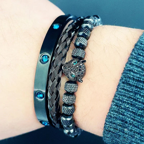 Luxury Set Green Eye Leopard Head Charm Handmade Unisex Bracelet Crystals Stainless Steel Bangles Jewelry