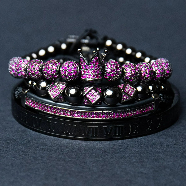Bracelets 4/Set Black Crown with Roman numeral  8MM Colored Cubic Micro Pave CZ Ball Charm Braided Braiding Man Luxury Jewelry