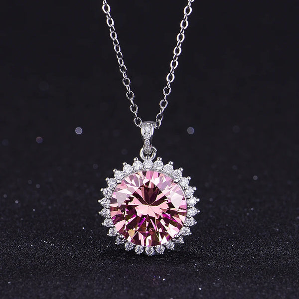 Huitan Fancy Round Pink Cubic Zirconia Pendant Necklace Exquisite Neck Accessories for Dance Party Luxury Fashion Women Jewelry
