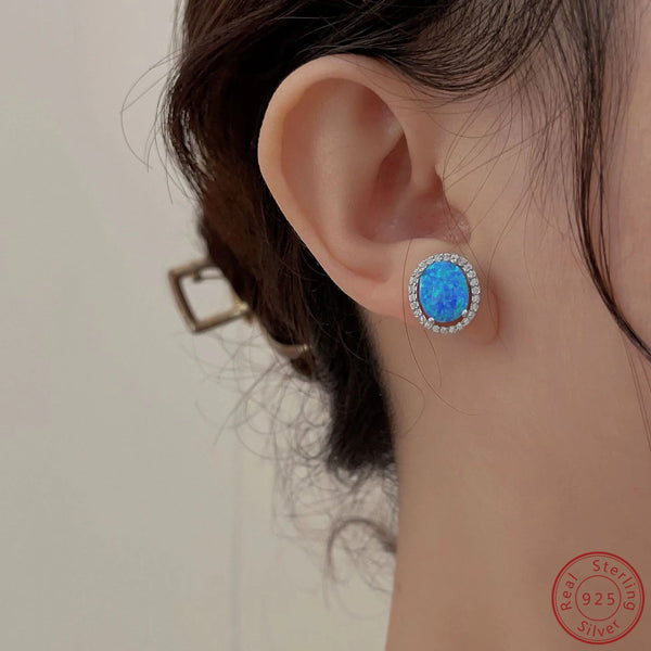 Sterling Silver Blue Opal Round Earrings 100% 925 Fashion High Quality Earrings Women's