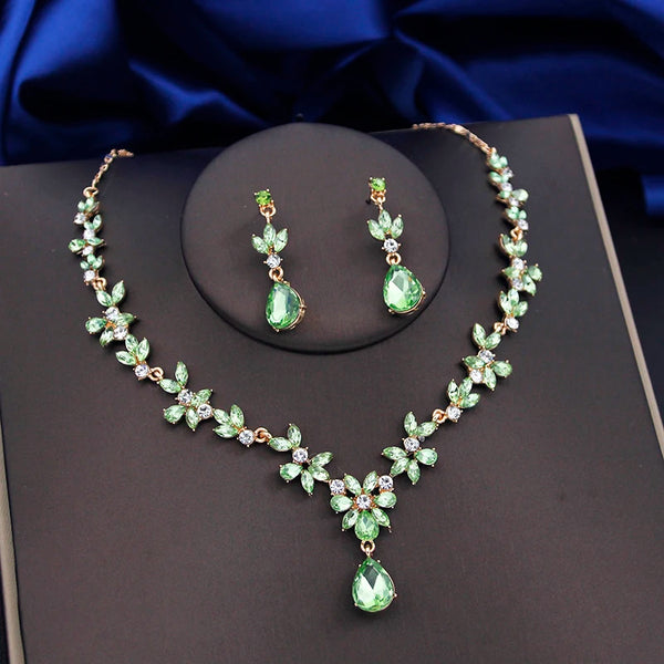 4 Pcs Lime Green Crown Jewelry Sets for Women Fashion Tiaras Bracelets Earrings and Necklace Sets Bride Wedding Accessories