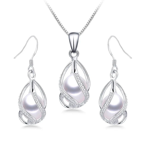 Natural Freshwater Pearl In Cage Pendant Necklace Drop Earrings & Pendant Jewelry Set for Women