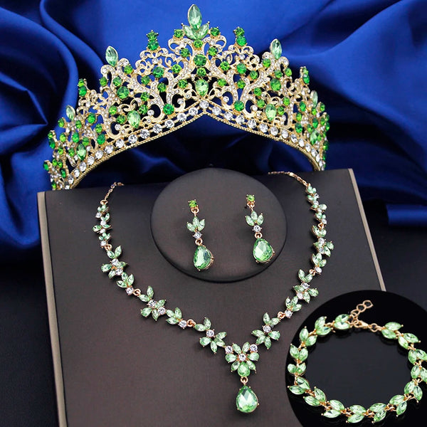 4 Pcs Lime Green Crown Jewelry Sets for Women Fashion Tiaras Bracelets Earrings and Necklace Sets Bride Wedding Accessories