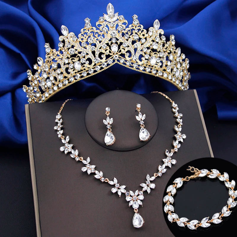 4 Pcs Lime Green Crown Jewelry Sets for Women Fashion Tiaras Bracelets Earrings and Necklace Sets Bride Wedding Accessories