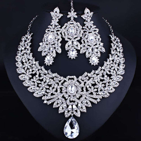 Dubai Jewelry Set Earring for Women Bridal Accessories Wedding Necklace Indian Bridal Jewelry Crystal Forehead Headdress