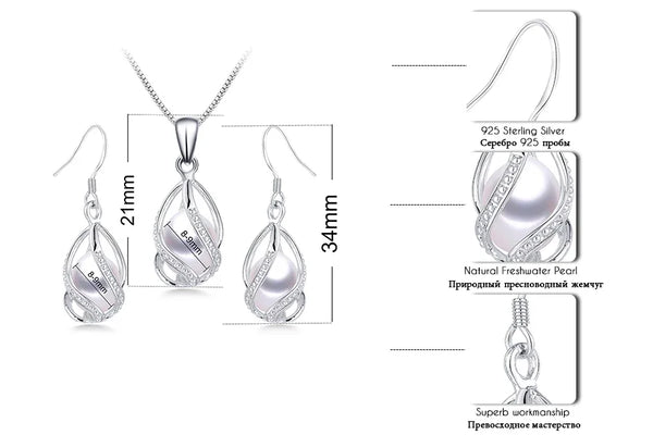 Natural Freshwater Pearl In Cage Pendant Necklace Drop Earrings & Pendant Jewelry Set for Women