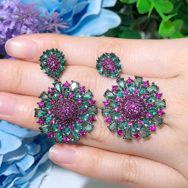 Brazilian Hot Pink and Blue Cubic Zirconia Crystal Big Dangle Drop Flower Party Earrings for Women