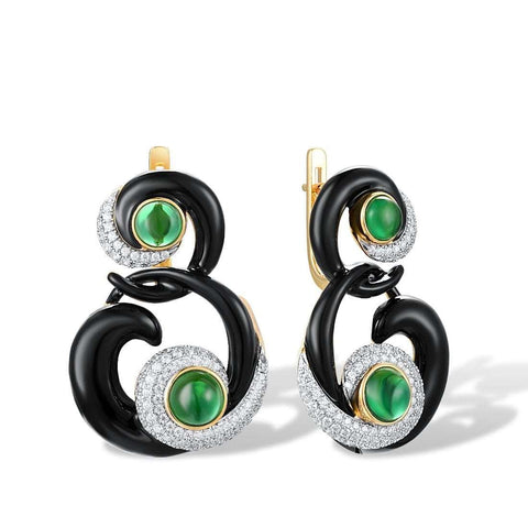 Earrings For Women 925 Sterling Silver Green Stones White CZ Black Enamel Curved Line Innovative Handmade Fine Jewelry
