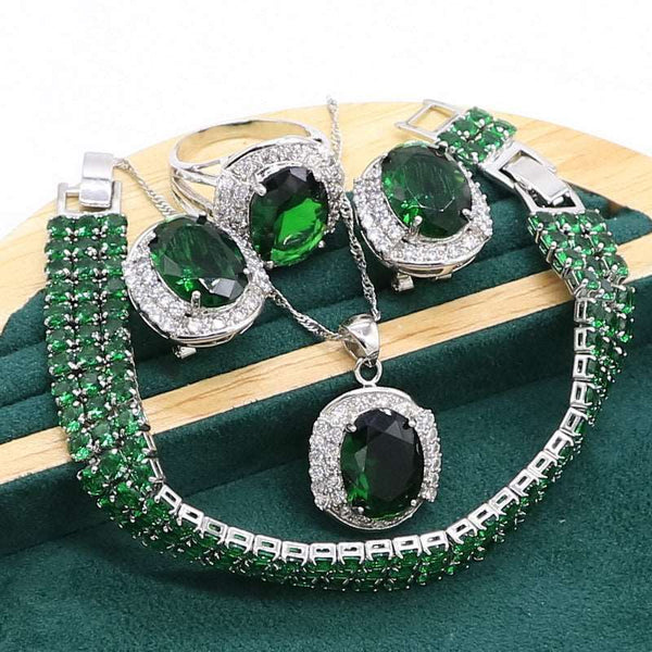 Green Emerald Silver Jewelry set for Women Bracelet Hoop Earrings Necklace/Pendant Ring