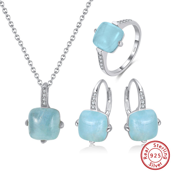 Natural Aquamarine Jewelry Set 14K Gold over 925 Sterling Silver Ring Pendant and Earrings Set for Women