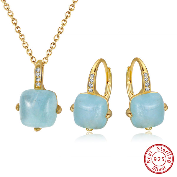 Natural Aquamarine Jewelry Set 14K Gold over 925 Sterling Silver Ring Pendant and Earrings Set for Women