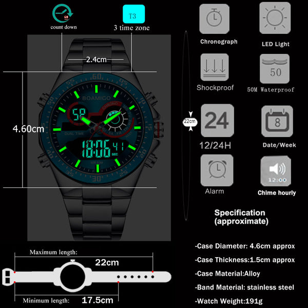 Men's Watches Stainless Steel Fashion Sports Digital Analog Blue Quartz Watch
