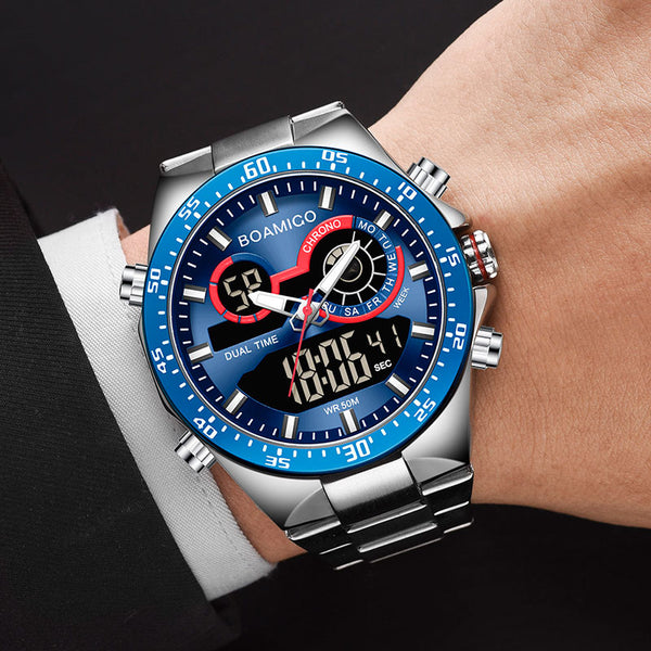 Men's Fashion Watches Stainless Steel Top Brand Luxury Sports Digital Analog Blue Quartz Watch