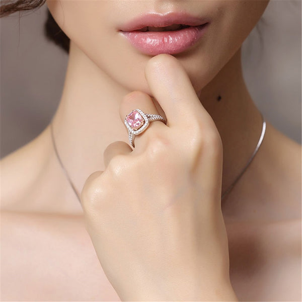 Quartz Cubic Zircon Ring Earrings Pendant Necklace Jewelry Set 925 Silver Jewelry Sets Pink Fine Jewelry