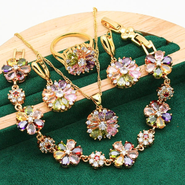 Classic 925 Silver Gold Color Jewelry Sets For Women Wedding Multicolor Zircon 4PCS
