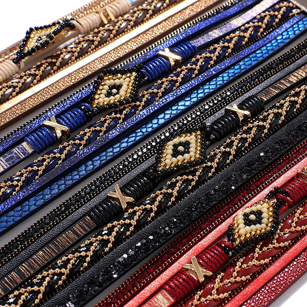 Wrap Bracelet for Women Fashion Multilayer Leather Bracelet Rhinestone Handmade Jewelry