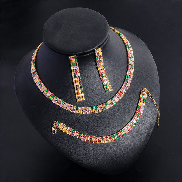 Set of 3 Cubic Zirconia Rainbow Colors Choker Necklace Bracelet and Earrings Jewelry Set