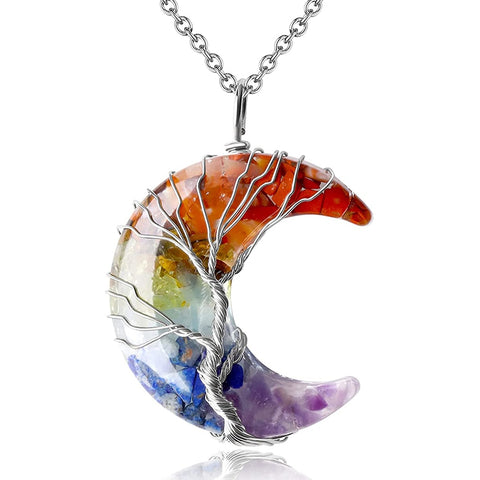 Tree of Life Necklace Wire Wrap Crescent Moons Crystal Pendants Chip Quartz Natural Stone Resin Stainless Steel G931