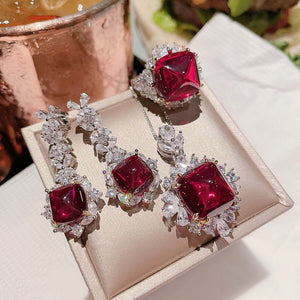 Vintage Ruby Diamond Promise Jewelry set 925 sterling silver Bijou Earrings Rings Necklace For Women