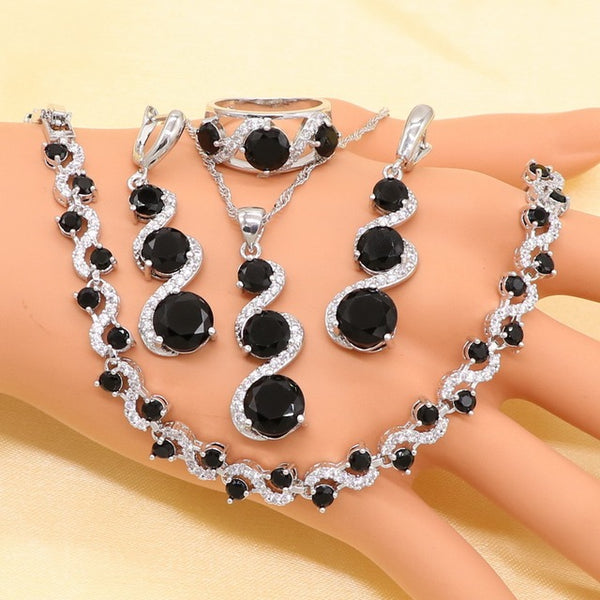 Silver Jewelry Sets For Women Flower Shape Zircon Bracelet Earrings Necklace Pendant Ring Gift Box