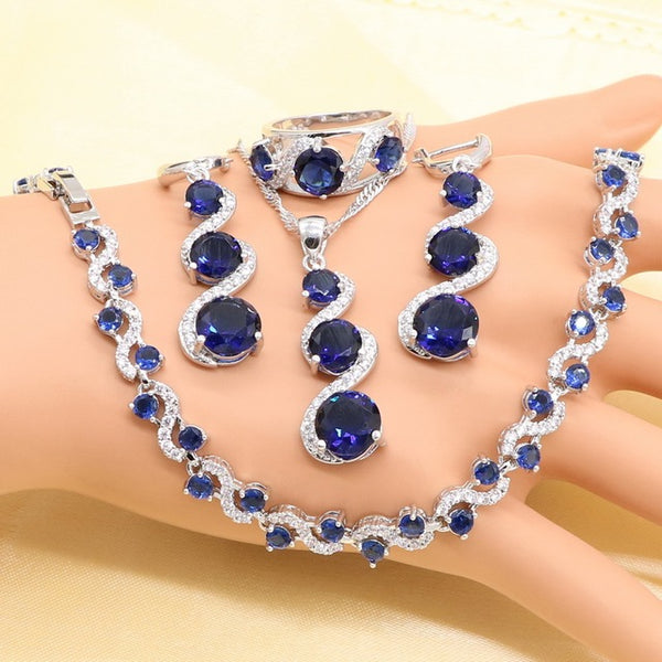 Silver Jewelry Sets For Women Flower Shape Zircon Bracelet Earrings Necklace Pendant Ring Gift Box