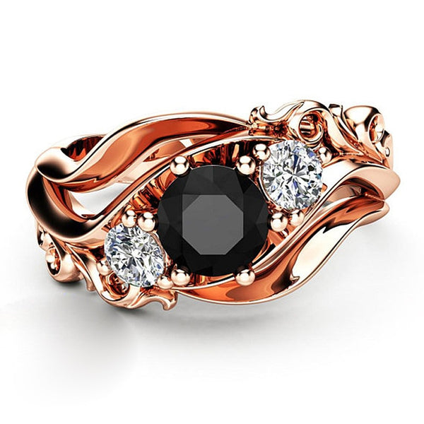 Unique Black Stone Finger Ring For Women Prong Setting Twist Band Design Rose Gold Color