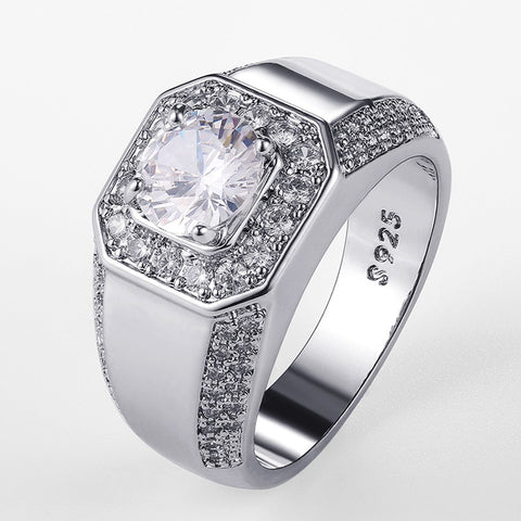 925 Sterling Silver Men's AAA Crystal Zircon Ring