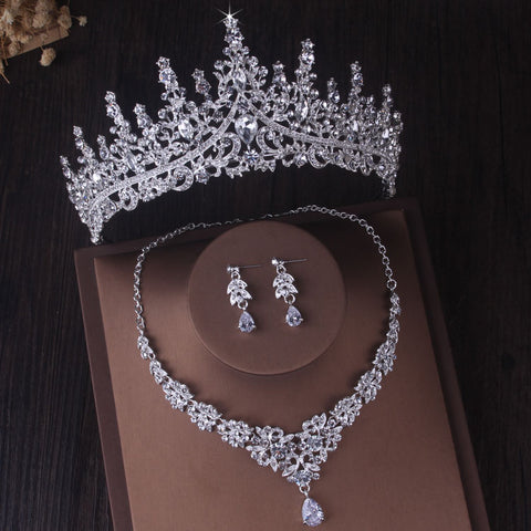 Gorgeous Silver Color Crystal Tiaras Sets  For Women Crown Earrings Choker Necklace