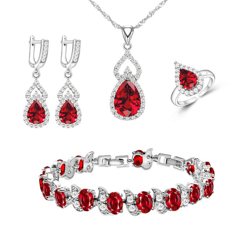Women's Custom Jewelry Sets Red Garnet & Silver Teardrop Birthstone Earrings Necklace Open Ring Bracelet Set