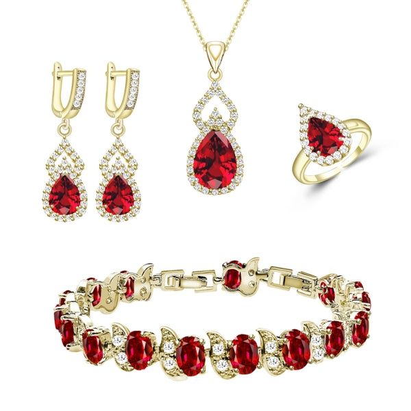 Women's Custom Jewelry Sets Red Garnet & Silver Teardrop Birthstone Earrings Necklace Open Ring Bracelet Set