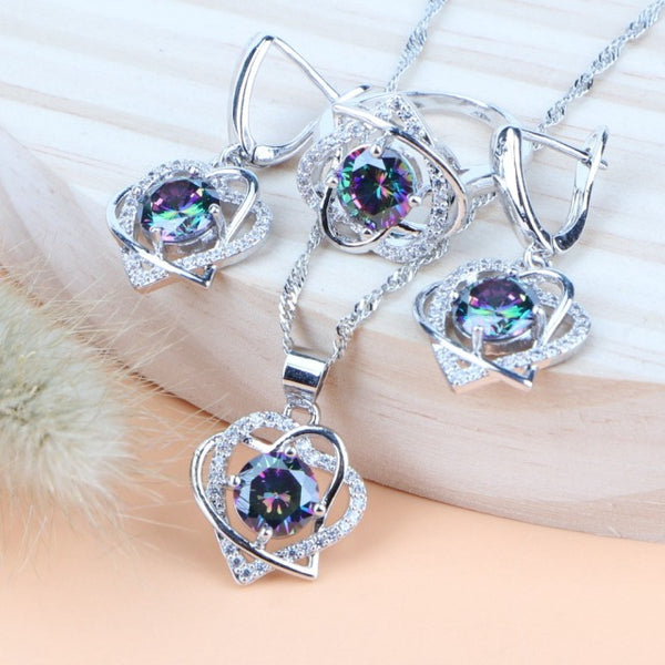 Natural Magic Rainbow Zircon Jewelry Sets Luxury Bracelets Earrings Rings Pendant Necklace Set For Women
