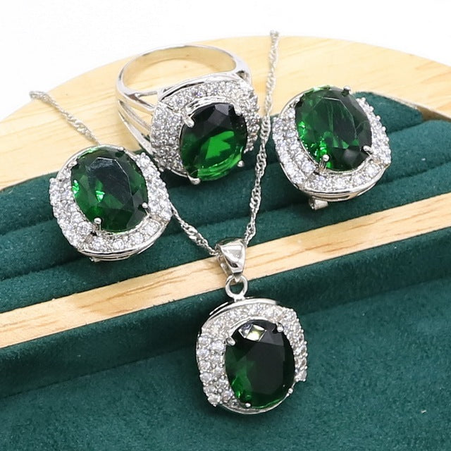 Green Emerald Silver Jewelry set for Women Bracelet Hoop Earrings Necklace/Pendant Ring