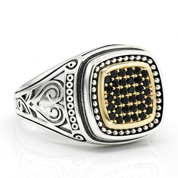 Men's Ring With Black Zircon 925 Sterling Silver Square Vintage Punk Finger Ring Hollow Design