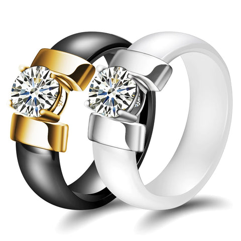 Ceramic Rings For Women 6mm White/Black Plus Cubic Zirconia Gold Color Stainless Steel Jewelry